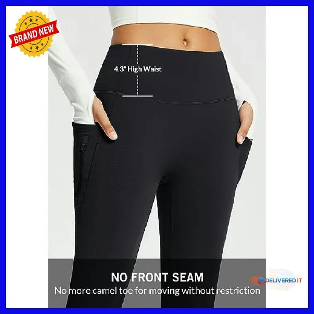 Fleece Lined Thermal Yoga Pants with Pockets, High Waist Flare Leggings
